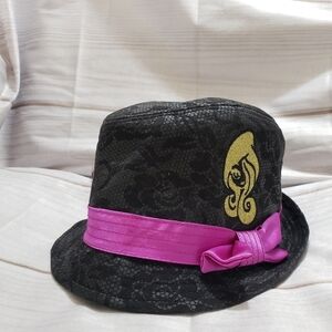 Ever After High Black Fedora Hat Floral Pattern Purple Satin Band Gold Patch